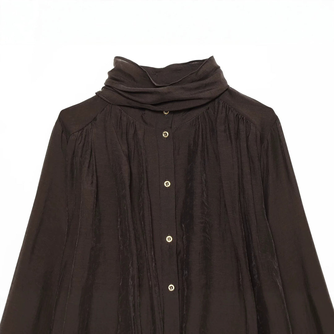 Damen Transparente Bluse mit drapiertem Schlauchkragen, Knopfleiste und Ballonärmeln Drune