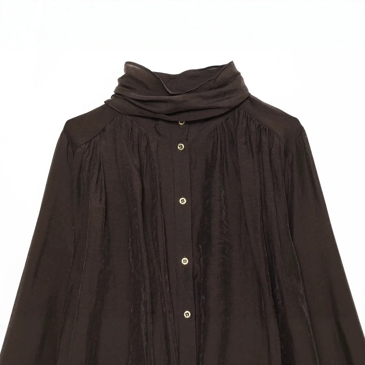 Damen Transparente Bluse mit drapiertem Schlauchkragen, Knopfleiste und Ballonärmeln Drune