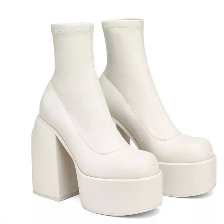 Damen nan Plateau-Stiefelette mit hohem Blockabsatz, nahtlosem Stretchschaft und robuster Laufsohle Drune
