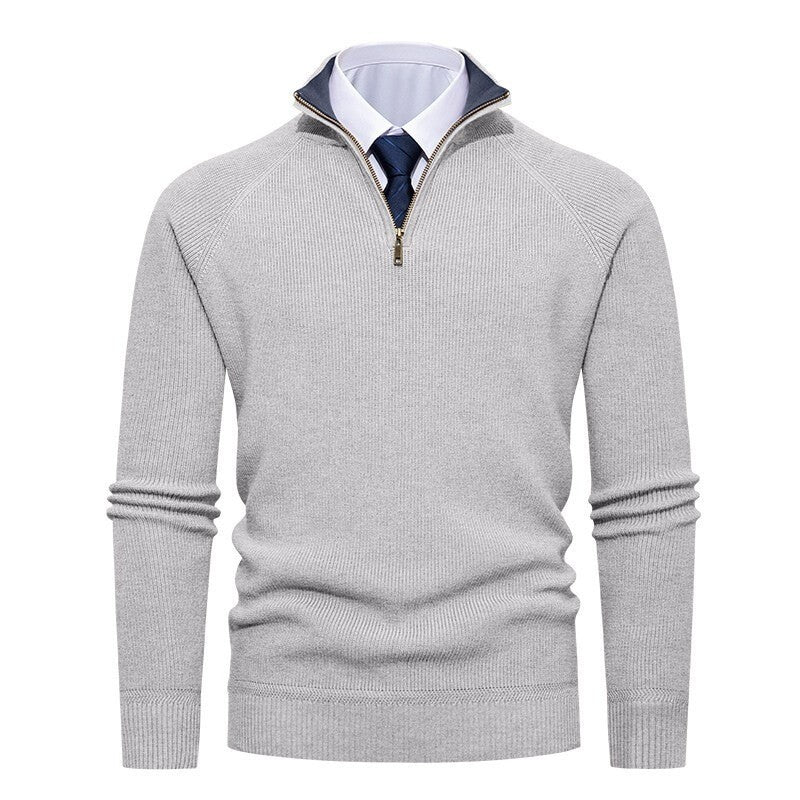 Herren nan feiner Strickpullover mit Halbzip, strukturierter Rippoptik und innen kontrastiertem Stehkragen Drune