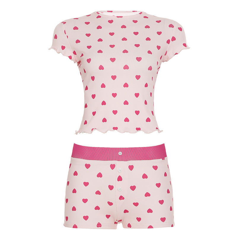 Damen Pyjama Set mit herzförmigem Muster und elastischem Bund Drune