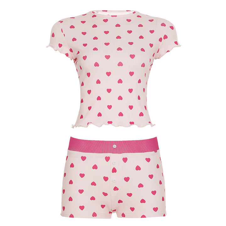 Damen Pyjama Set mit herzförmigem Muster und elastischem Bund Drune