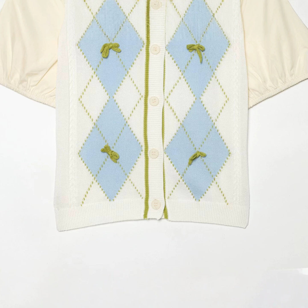 Damen Kurzarm-Pulloverjacke mit Argyle-Strickfront, Bubikragen und Puffärmeln Drune