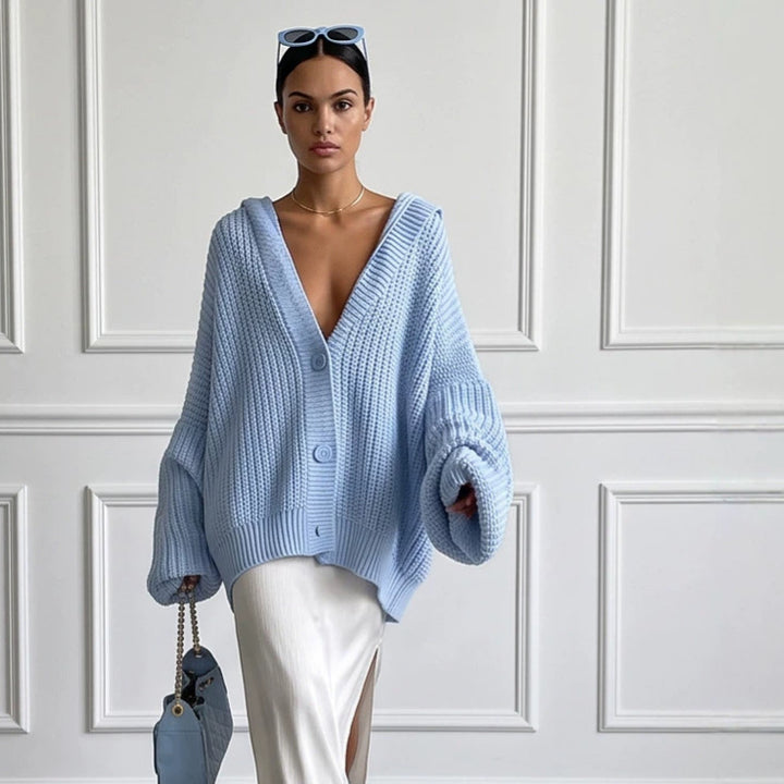 Damen Oversized Kapuzen-Strickcardigan mit Ballonärmeln und Knopfleiste Drune