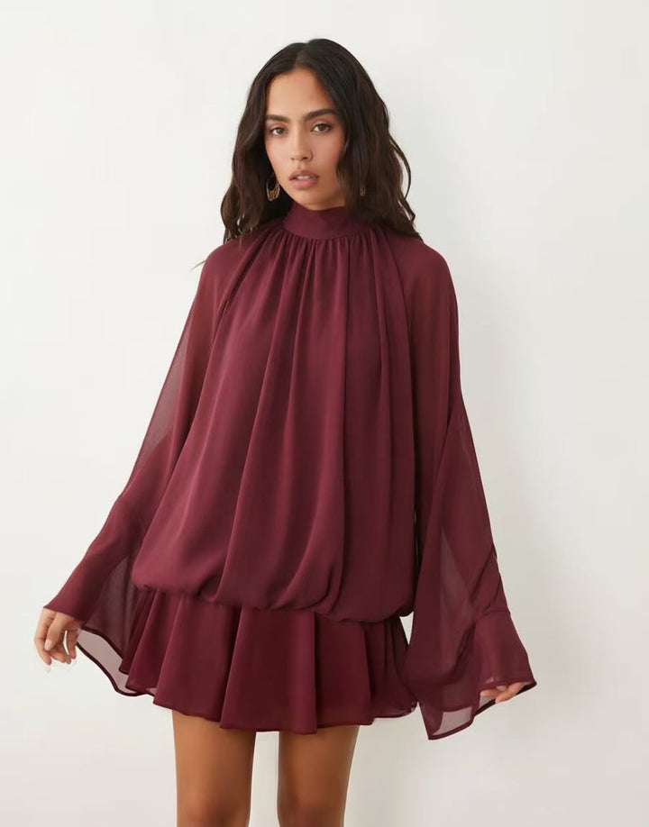 Damen Chiffon-Minikleid mit geraffter Blusentunika, Stehkragen und Volantrock Drune