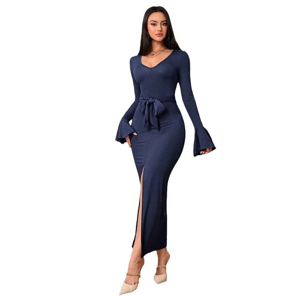 Damen figurbetontes Maxikleid mit V-Ausschnitt Trompetenärmeln Taillenband und hohem Seitenschlitz Drune