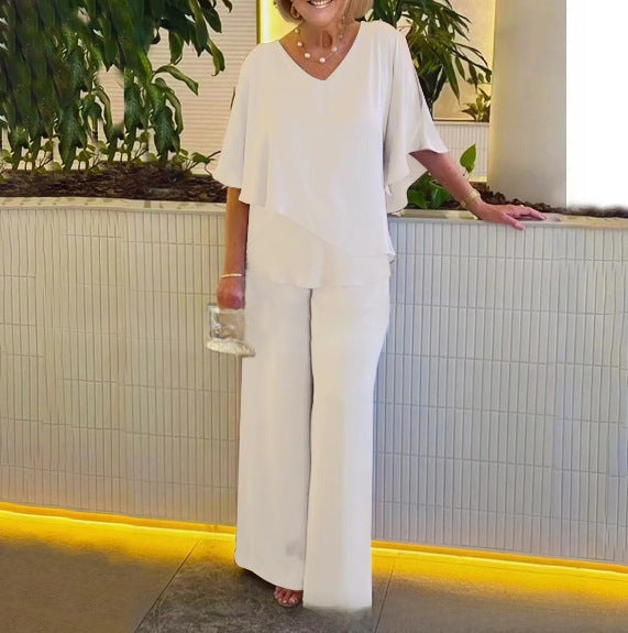 Damen elegante Kombination aus fließendem Oberteil und weitem Hosendesign Drune
