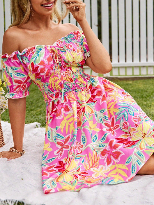 Damen off-shoulder Sommerkleid mit floralem Design und Rüschenelementen Drune