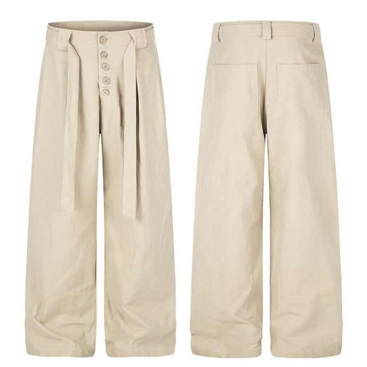 Damen Hochgeschnittene Leinen-Weitebein-Hose mit Knopfleiste, Bindegürtel und Bundfalten Drune