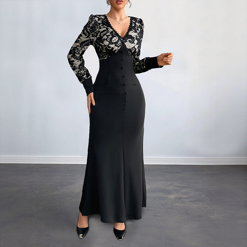 Damen Figurbetontes Maxikleid mit Spitzenoberteil, V‑Ausschnitt und Zierknopfleiste Drune