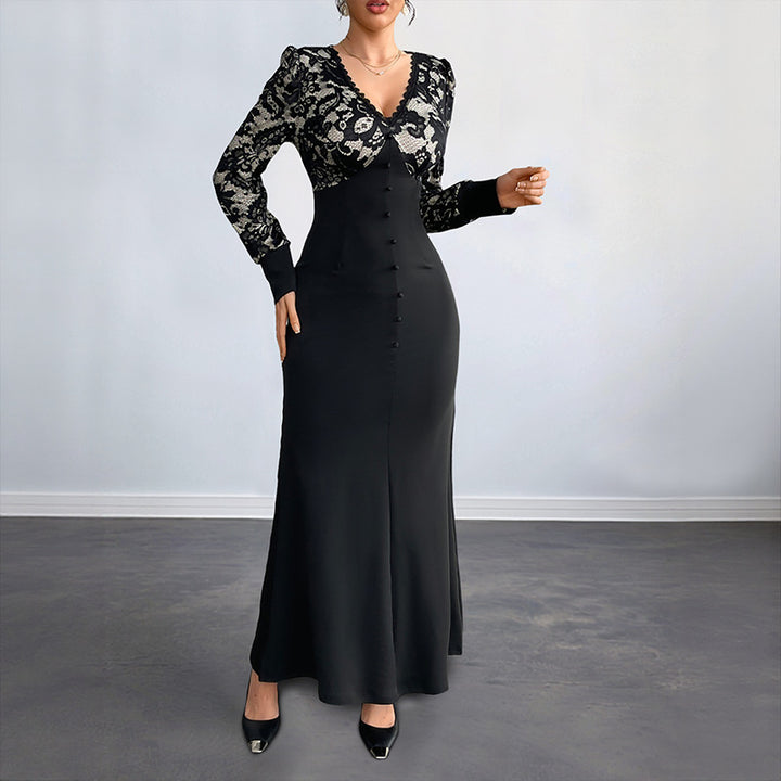 Damen Figurbetontes Maxikleid mit Spitzenoberteil, V‑Ausschnitt und Zierknopfleiste Drune