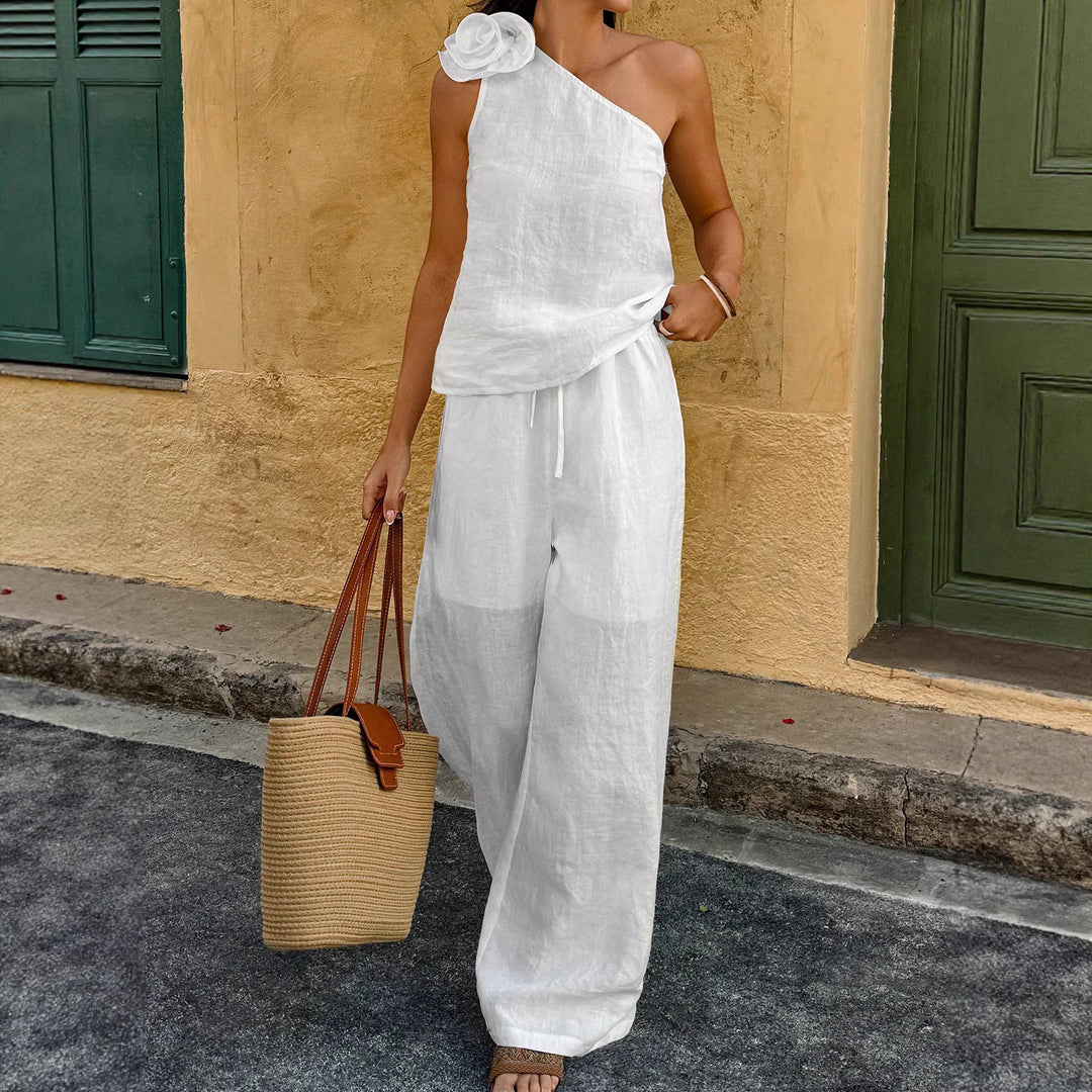 Damen Einschultriger Leinen-Jumpsuit mit Zier-Rosette und weitem Bein Drune