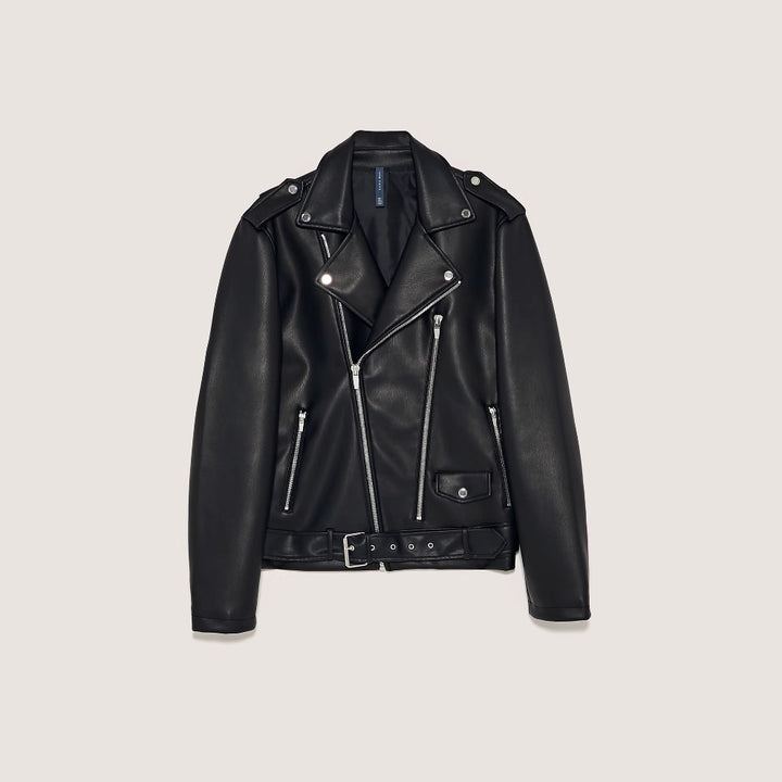 Herren Bikerjacke im Rider‑Stil aus veganer Lederoptik mit asymmetrischem Reißverschluss und Taillengürtel Drune