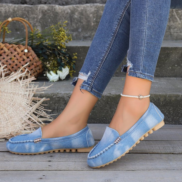 Damen nan lässige Denim-Mokassin-Slipper mit elastischem Einstieg und rutschfester Gummisohle Drune