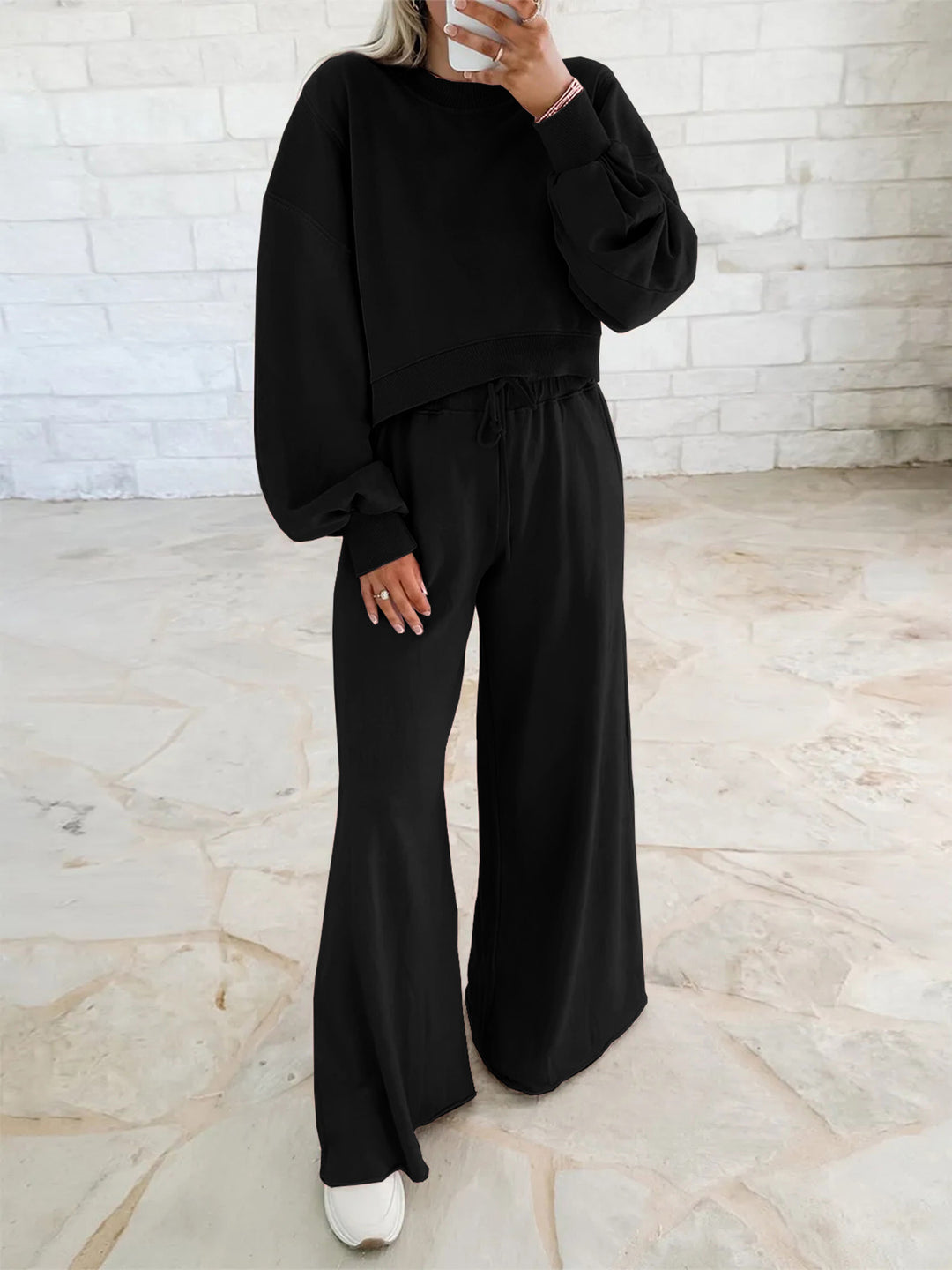 Damen Kurzpullover- und Palazzohose Lounge-Set mit Ballonärmeln Drune