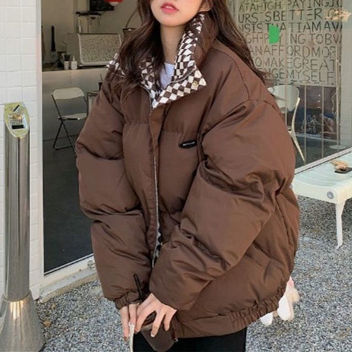 Damen Modische Oversized-Winterjacke mit kariertem Kragen Drune
