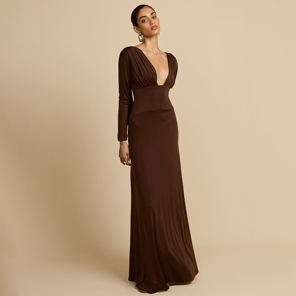 Damen Elegantes Maxikleid mit tiefem V-Ausschnitt und langen Ärmeln Drune