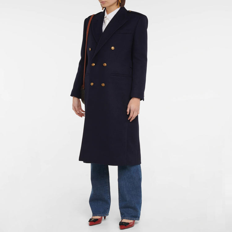 Damen Doppelreihiger Wollmix-Longcoat mit Epauletten und strukturierter Tailoring-Silhouette Drune