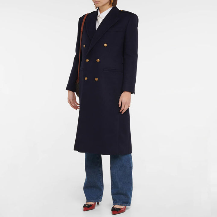 Damen Doppelreihiger Wollmix-Longcoat mit Epauletten und strukturierter Tailoring-Silhouette Drune
