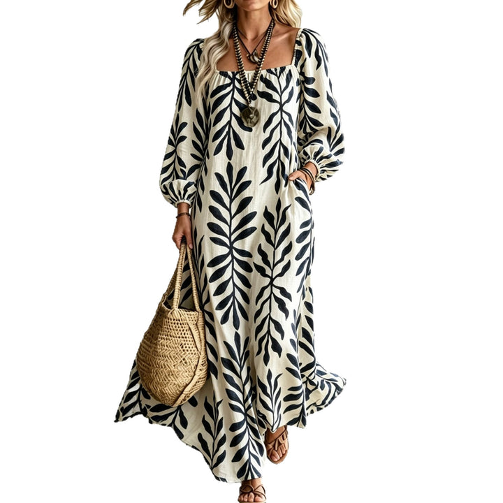 Damen Maxikleid mit quadratischem Ausschnitt, Ballonärmeln und botanischem Print Drune