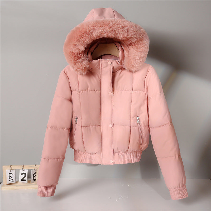Damen nan kurzer isolierender Kapuzenblouson mit voluminöser Pelzkragenblende und elastischem Rippsaum Drune