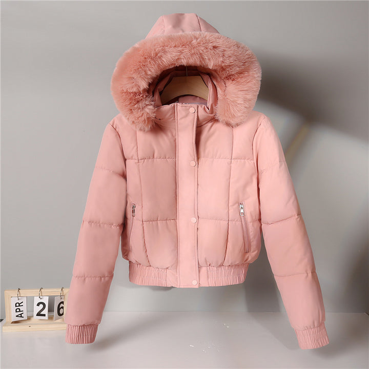 Damen nan kurzer isolierender Kapuzenblouson mit voluminöser Pelzkragenblende und elastischem Rippsaum Drune