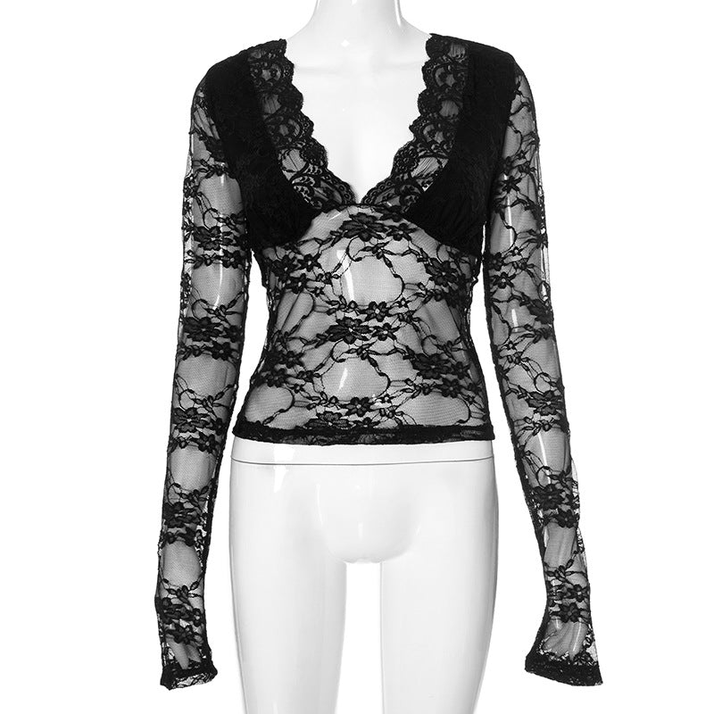 Damen Durchsichtiges Spitzenlangarmbodysuit Drune