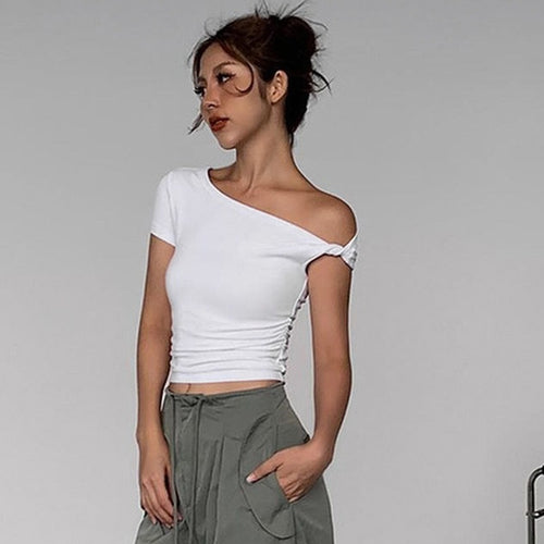 Damen Off-Shoulder Crop-Top mit seitlichem Knoten Drune