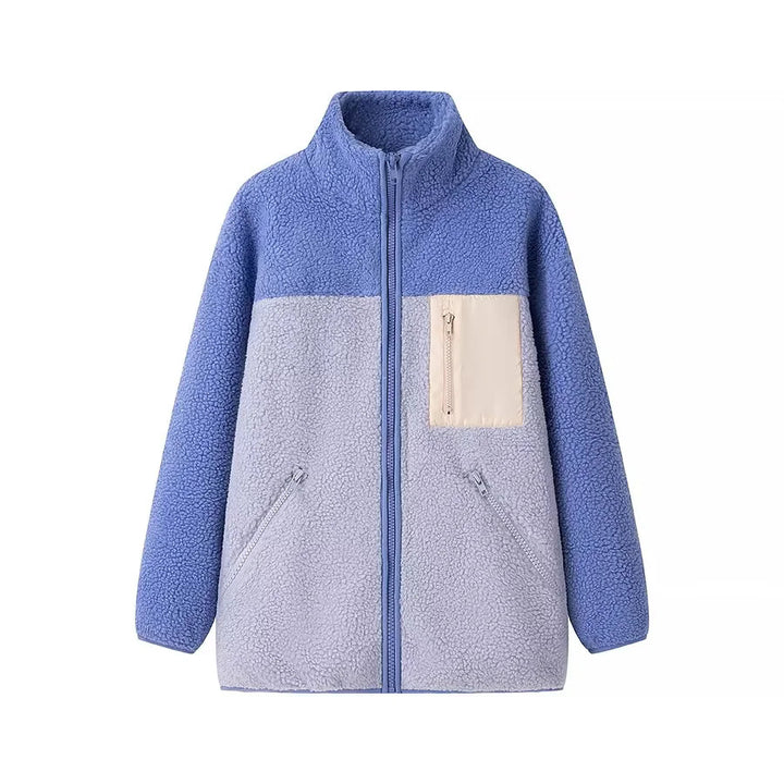 Damen nan locker geschnittene Teddy‑Fleecejacke mit Stehkragen Reißverschlusstaschen und aufgesetzter Brusttasche Drune