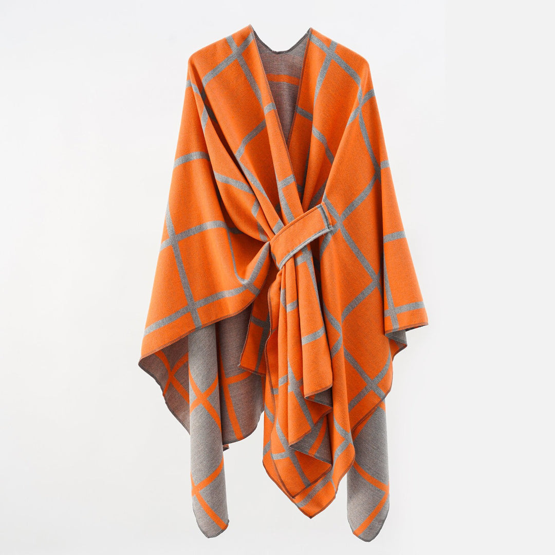 Damen Oversize Wollmix Poncho mit Gürtel und Karomuster Drune