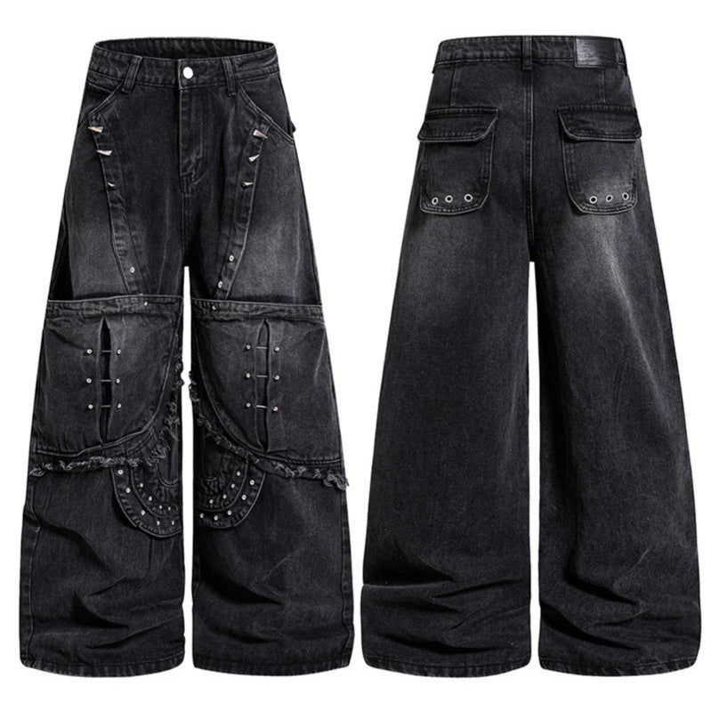 Damen Weite High‑Waist Denim‑Cargo‑Culotte mit Nieten und großen Pattentaschen Drune