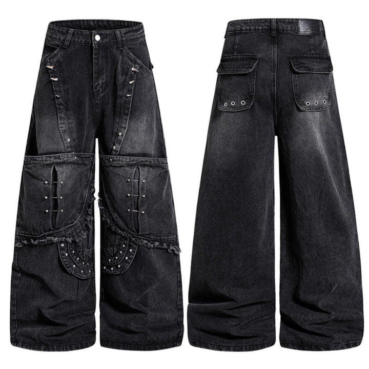 Damen Weite High‑Waist Denim‑Cargo‑Culotte mit Nieten und großen Pattentaschen Drune