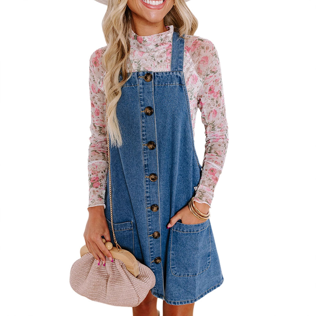 Damen Jeans-Latzkleid mit praktischen Taschen und Knopfdetails Drune