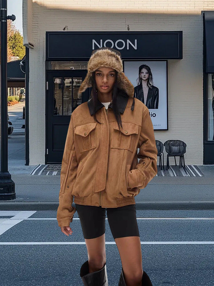 Damen Kunstlederjacke mit abnehmbarer Kapuze und voluminösen Ärmeln Drune