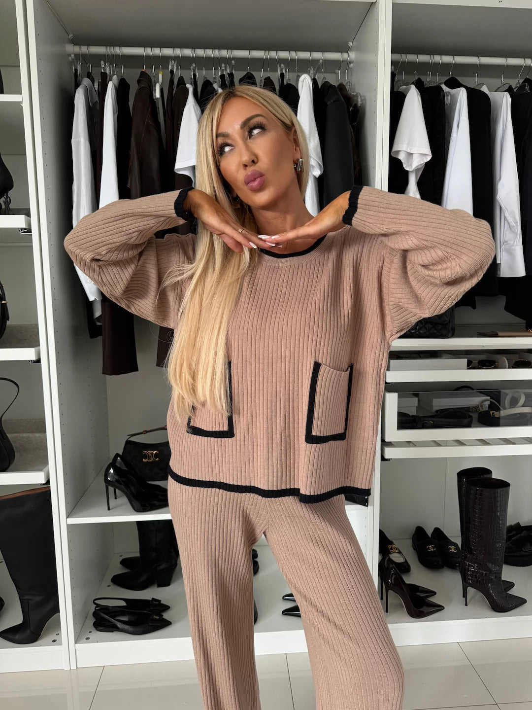 Damen Strick-Loungewear-Set mit modischen Taschen und kontrastierenden Abschlüssen Drune