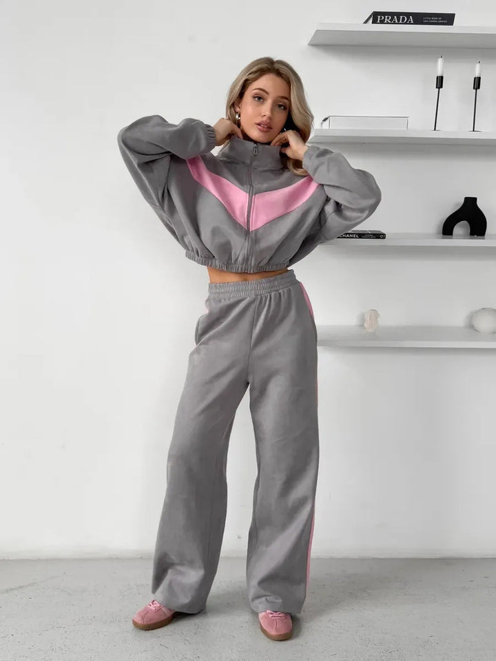 Damen cropped Zipjacke und weite Trackpants mit kontrastierendem Seitenstreifen Drune