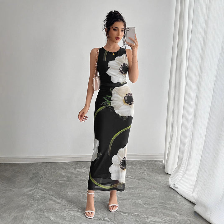 Damen nan figurbetontes ärmelloses Maxikleid mit fotorealistischem Blumenprint und taillierter Silhouette Drune