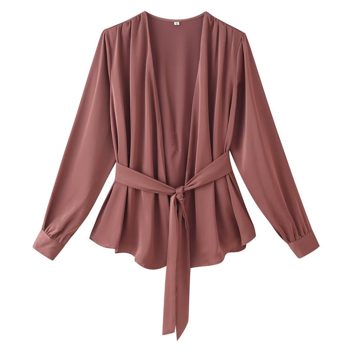 Damen elegante Wickelbluse mit Taillengürtel und tiefem V-Ausschnitt Drune