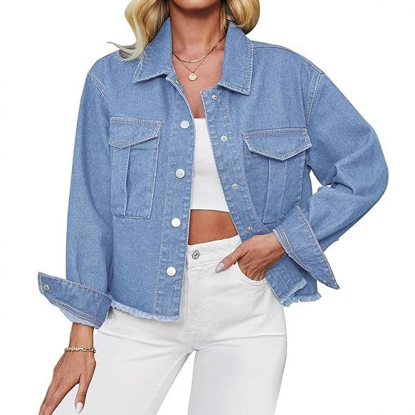 Damen Kurz geschnittene Oversize-Jeansjacke mit rohem Saum und aufgesetzten Brusttaschen Drune