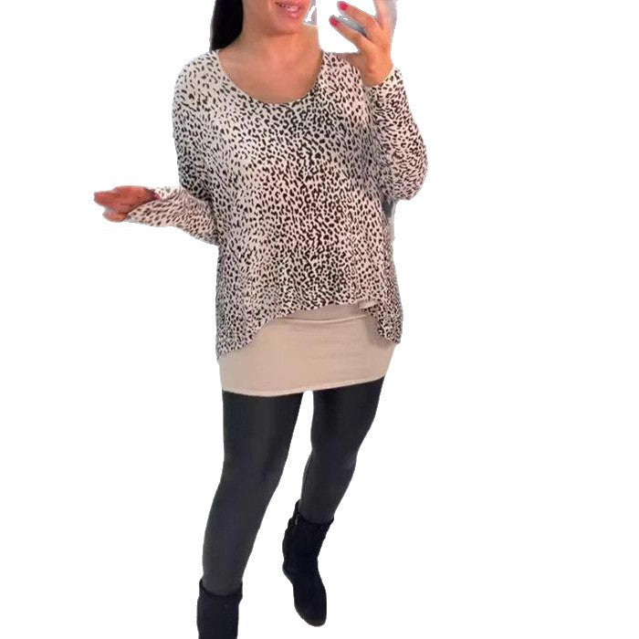 Damen nan weit geschnittenes Tunika-Longsleeve mit Leomuster, abgerundetem Saum und Lagenoptik Drune