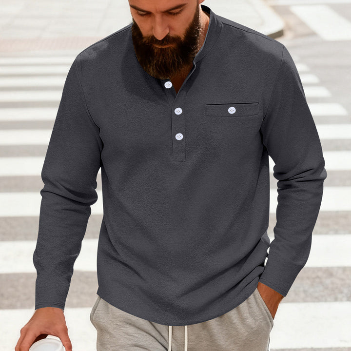 Herren Lässiges Henley-Langarmshirt mit Stehkragen, Brusttasche und abgerundetem Saum Drune