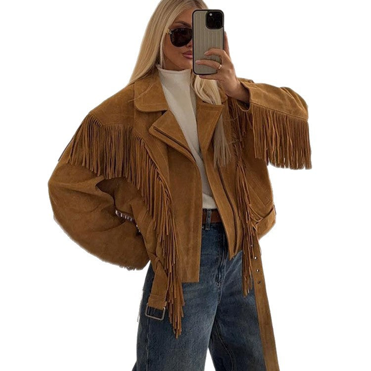 Damen Lederjacke mit Fransen und Taillengürtel Drune