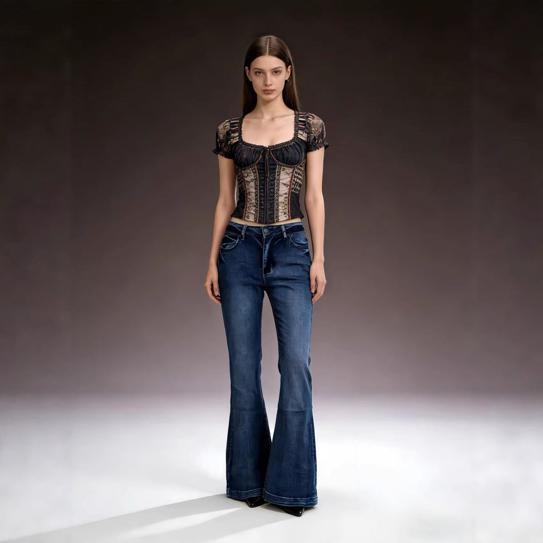 Damen elegantes cropped Oberteil mit Puffärmeln und Vintage-Stickerei Drune