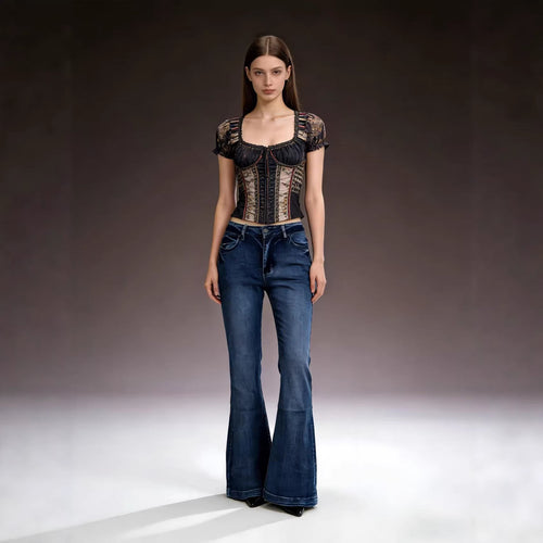 Damen elegantes cropped Oberteil mit Puffärmeln und Vintage-Stickerei Drune