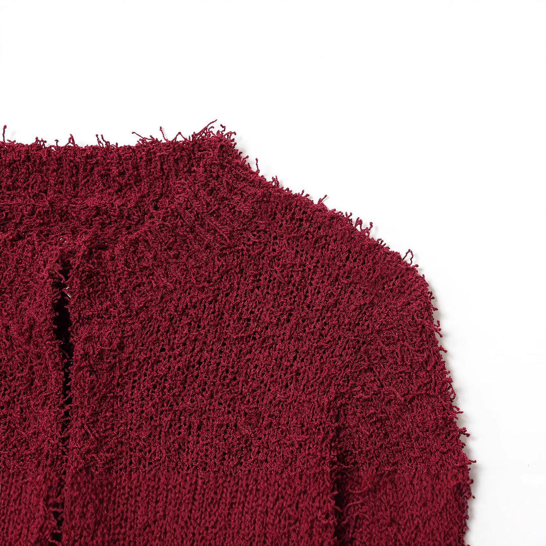 Damen kuschelige Strickjacke mit fransigen Ärmelabschlüssen und elegantem Stehkragen Drune