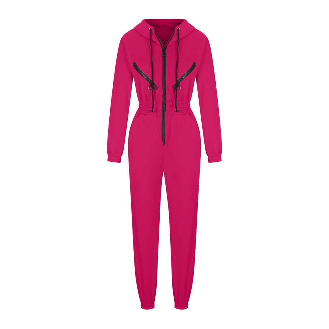 Damen taillierter Kapuzen-Jumpsuit mit elastischem Bund und markanten Kontrast-Reißverschlüssen Drune