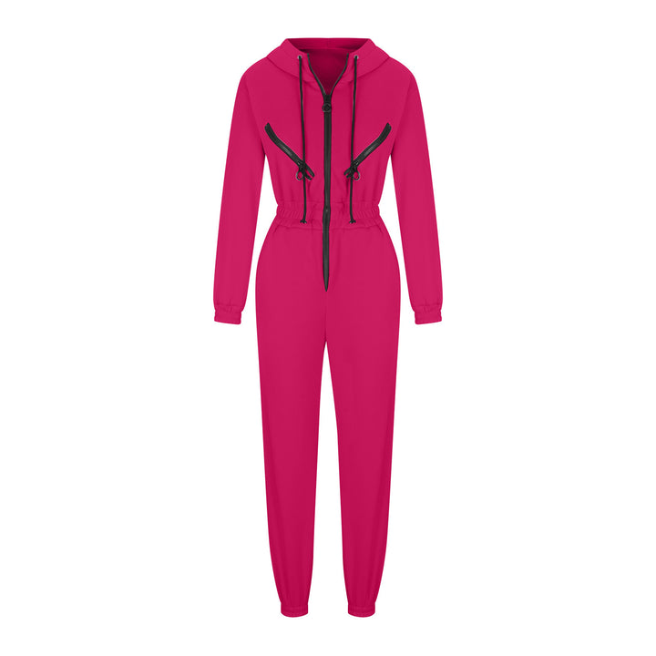 Damen taillierter Kapuzen-Jumpsuit mit elastischem Bund und markanten Kontrast-Reißverschlüssen Drune
