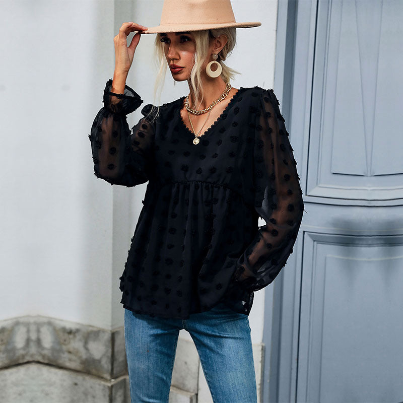 Damen Transparente Chiffon‑Bluse mit V‑Ausschnitt, erhabener Punkte‑Textur und Babydoll‑Silhouette Drune