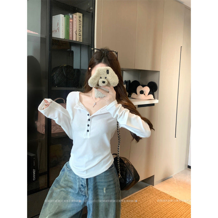 Damen elegantes Langarmshirt mit Knopfleiste Drune