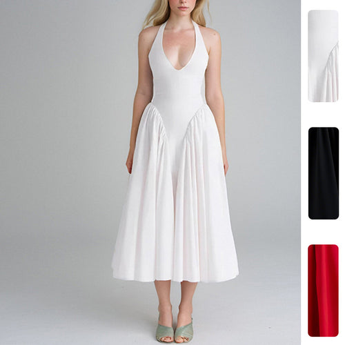 Damen Elegantes Maxikleid mit tiefem V-Ausschnitt und fließendem Rock Drune